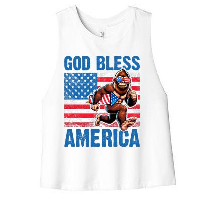 Bigfoot Holding Firework God Bless America Women's Racerback Cropped Tank