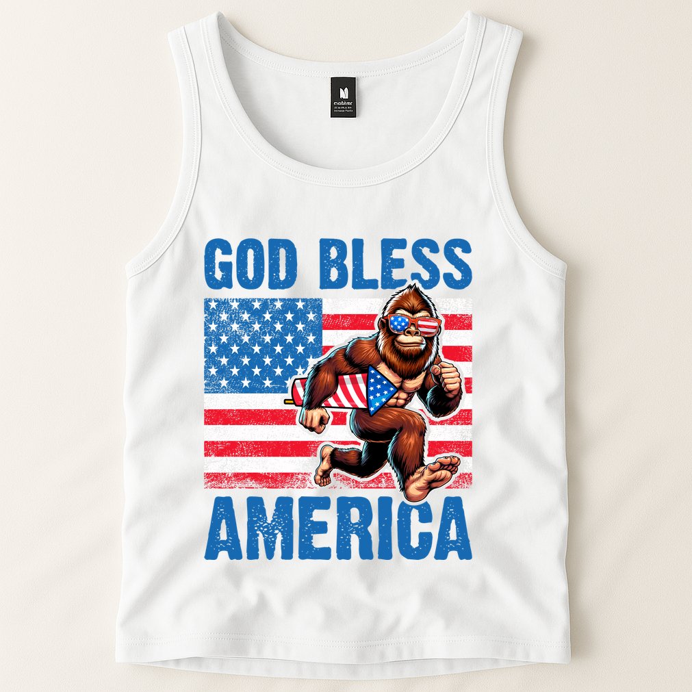 Bigfoot Holding Firework God Bless America Tank Top
