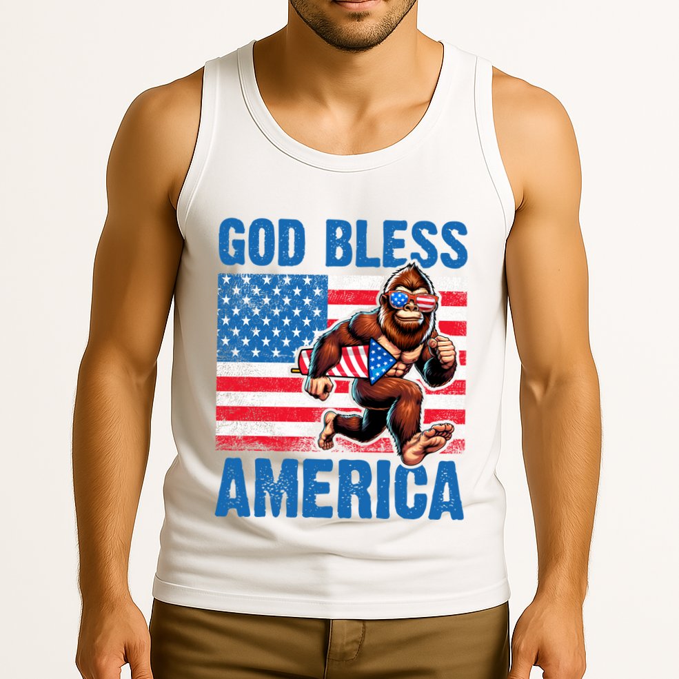 Bigfoot Holding Firework God Bless America Tank Top