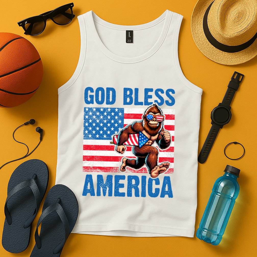 Bigfoot Holding Firework God Bless America Tank Top
