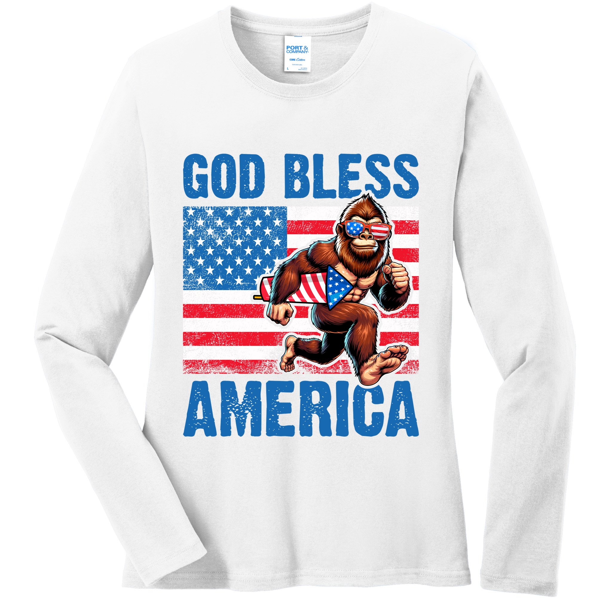 Bigfoot Holding Firework God Bless America Ladies Long Sleeve Shirt