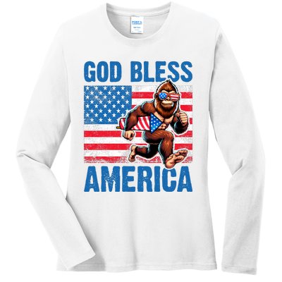 Bigfoot Holding Firework God Bless America Ladies Long Sleeve Shirt