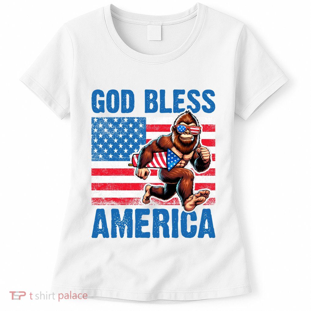 Bigfoot Holding Firework God Bless America Women's T-Shirt