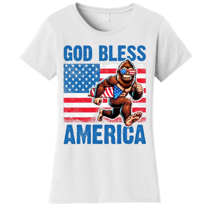 Bigfoot Holding Firework God Bless America Women's T-Shirt