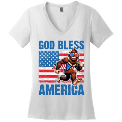 Bigfoot Holding Firework God Bless America Women's V-Neck T-Shirt