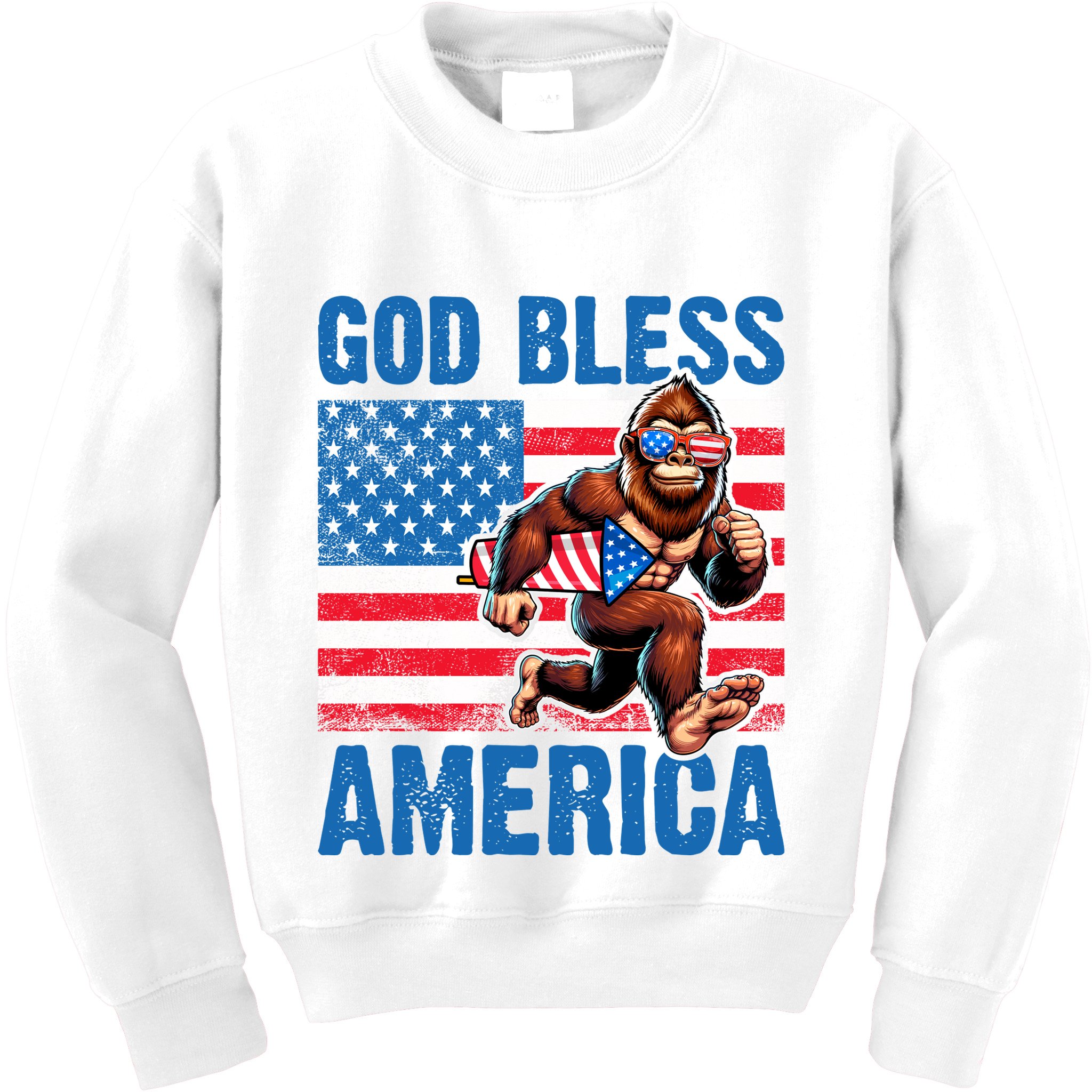 Bigfoot Holding Firework God Bless America Kids Sweatshirt