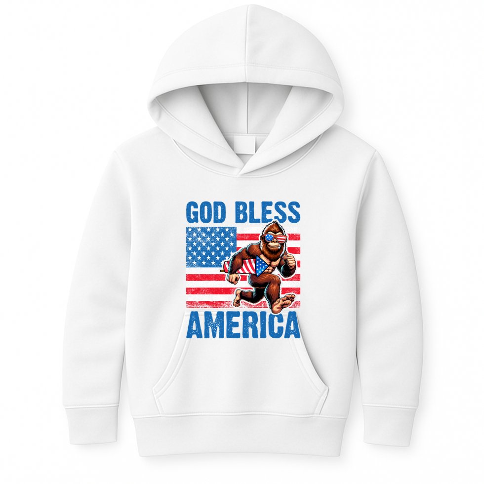 Bigfoot Holding Firework God Bless America Kids Hoodie