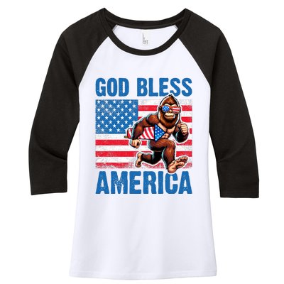 Bigfoot Holding Firework God Bless America Women's Tri-Blend 3/4-Sleeve Raglan Shirt