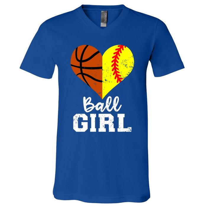 Ball Heart Funny Softball Basketball Gift V-Neck T-Shirt