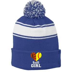 Ball Heart Funny Softball Basketball Gift Stripe Pom Pom Beanie