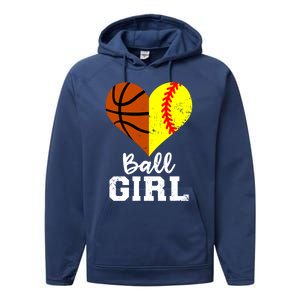 Ball Heart Funny Softball Basketball Gift Performance Fleece Hoodie