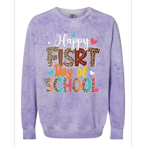 Bleached Happy First Day Of School Teacher Leopard Stundent Colorblast Crewneck Sweatshirt