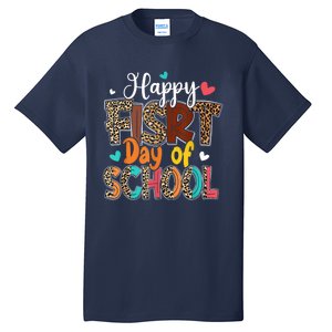 Bleached Happy First Day Of School Teacher Leopard Stundent Tall T-Shirt