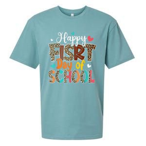 Bleached Happy First Day Of School Teacher Leopard Stundent Sueded Cloud Jersey T-Shirt