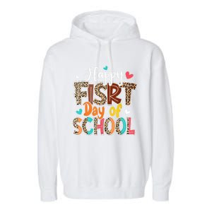 Bleached Happy First Day Of School Teacher Leopard Stundent Garment-Dyed Fleece Hoodie