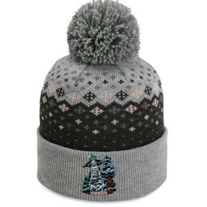 Bigfoot Hiding From Alien In A Ufo Behind A Tree Forest The Baniff Cuffed Pom Beanie