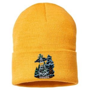 Bigfoot Hiding From Alien In A Ufo Behind A Tree Forest Sustainable Knit Beanie