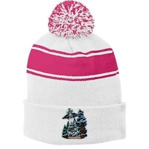 Bigfoot Hiding From Alien In A Ufo Behind A Tree Forest Stripe Pom Pom Beanie