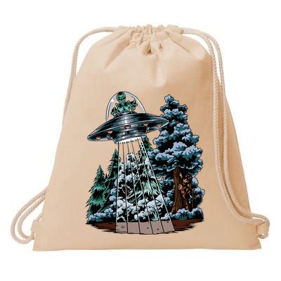 Bigfoot Hiding From Alien In A Ufo Behind A Tree Forest Drawstring Bag