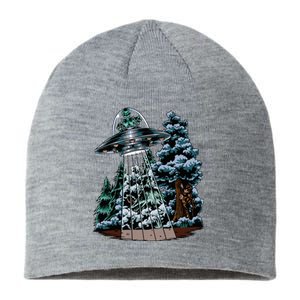 Bigfoot Hiding From Alien In A Ufo Behind A Tree Forest Sustainable Beanie