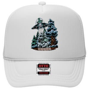 Bigfoot Hiding From Alien In A Ufo Behind A Tree Forest High Crown Mesh Back Trucker Hat