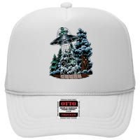 Bigfoot Hiding From Alien In A Ufo Behind A Tree Forest High Crown Mesh Back Trucker Hat