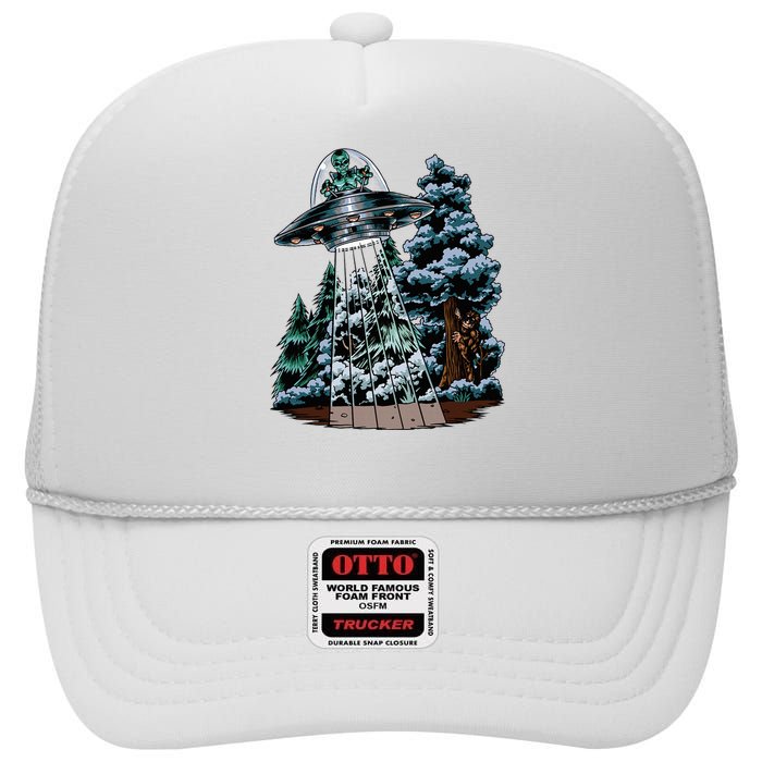 Bigfoot Hiding From Alien In A Ufo Behind A Tree Forest High Crown Mesh Back Trucker Hat