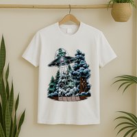 Bigfoot Hiding From Alien In A Ufo Behind A Tree Forest T-Shirt