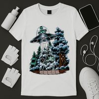 Bigfoot Hiding From Alien In A Ufo Behind A Tree Forest T-Shirt