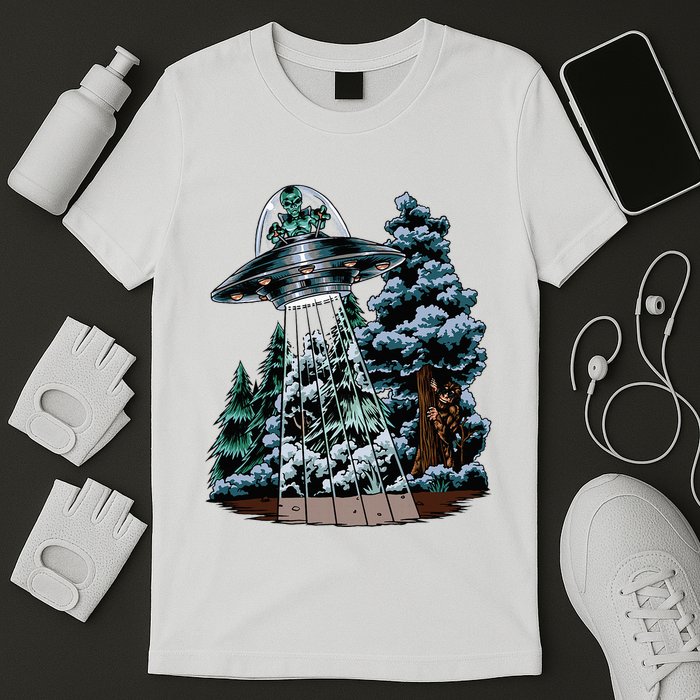 Bigfoot Hiding From Alien In A Ufo Behind A Tree Forest T-Shirt