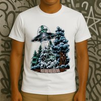 Bigfoot Hiding From Alien In A Ufo Behind A Tree Forest T-Shirt