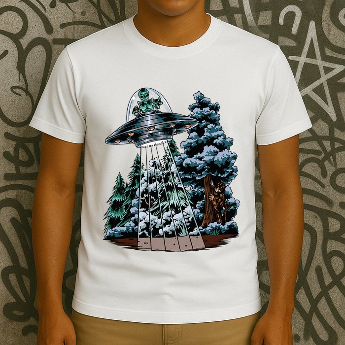Bigfoot Hiding From Alien In A Ufo Behind A Tree Forest T-Shirt
