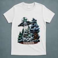 Bigfoot Hiding From Alien In A Ufo Behind A Tree Forest T-Shirt