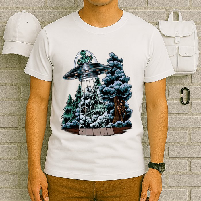 Bigfoot Hiding From Alien In A Ufo Behind A Tree Forest T-Shirt