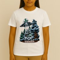 Bigfoot Hiding From Alien In A Ufo Behind A Tree Forest T-Shirt