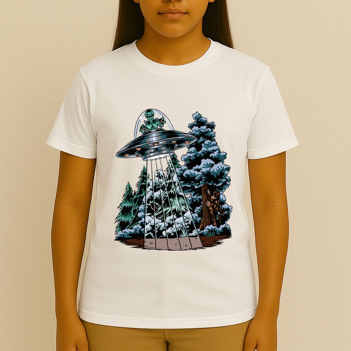 Bigfoot Hiding From Alien In A Ufo Behind A Tree Forest T-Shirt