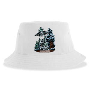 Bigfoot Hiding From Alien In A Ufo Behind A Tree Forest Sustainable Bucket Hat