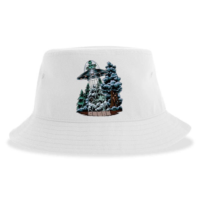 Bigfoot Hiding From Alien In A Ufo Behind A Tree Forest Sustainable Bucket Hat