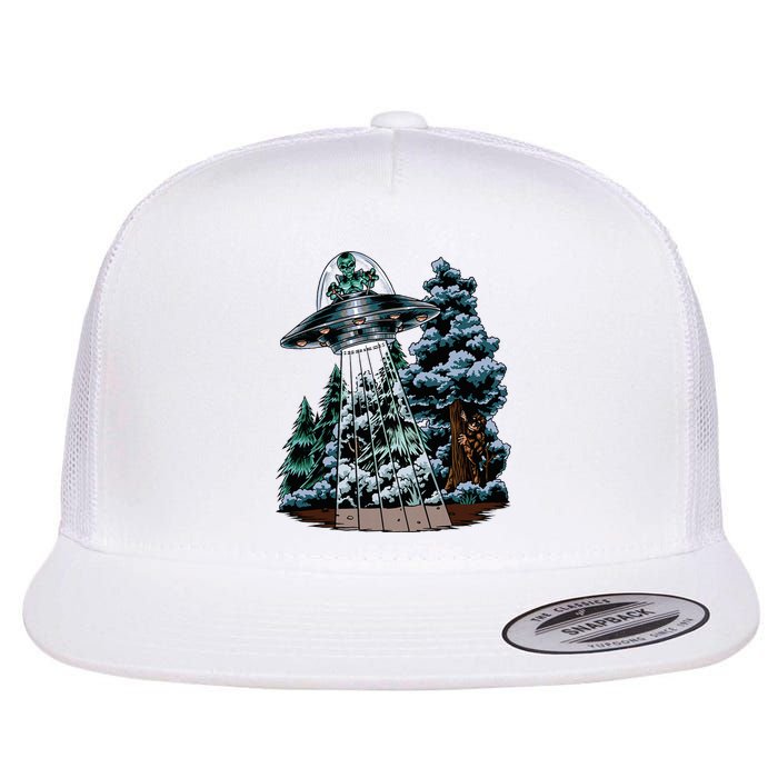 Bigfoot Hiding From Alien In A Ufo Behind A Tree Forest Flat Bill Trucker Hat