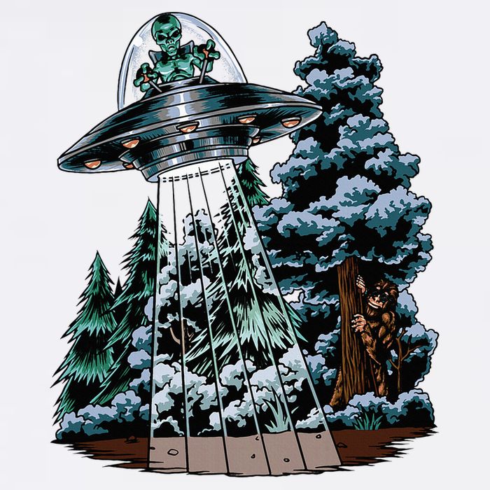 Bigfoot Hiding From Alien In A Ufo Behind A Tree Forest Flat Bill Trucker Hat