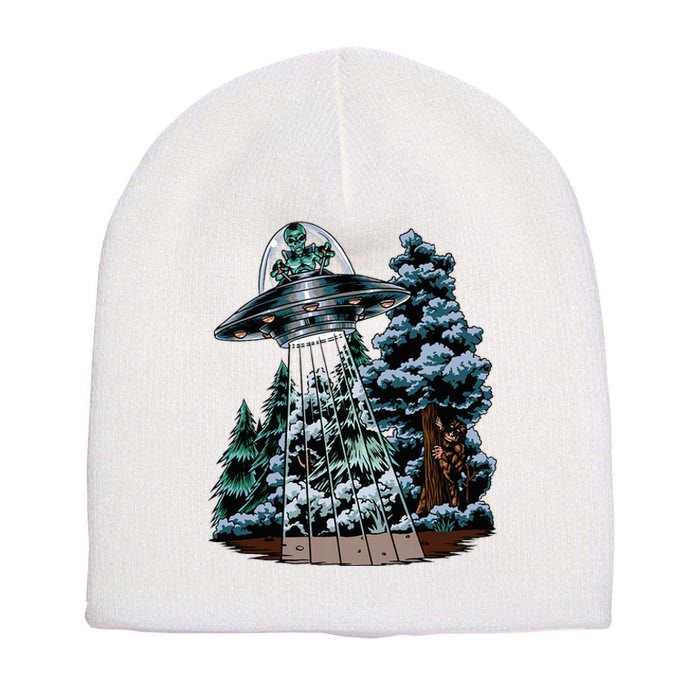 Bigfoot Hiding From Alien In A Ufo Behind A Tree Forest Short Acrylic Beanie