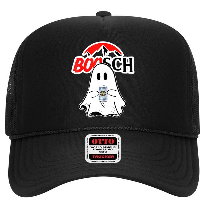 Booschbeer Halloween Funny Ghost Drinking Beer High Crown Mesh Back Trucker Hat