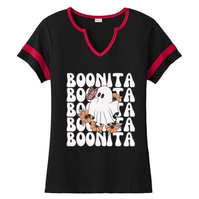 Boonita Halloween Ghost Floral Butterfly Boo Ladies Halftime Notch Neck Tee