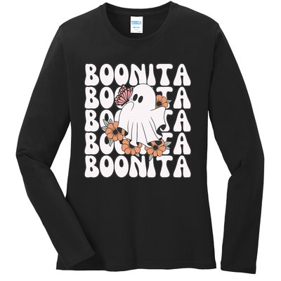 Boonita Halloween Ghost Floral Butterfly Boo Ladies Long Sleeve Shirt