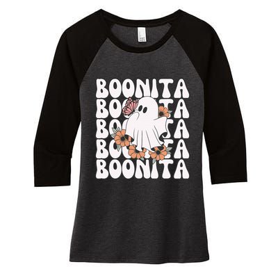 Boonita Halloween Ghost Floral Butterfly Boo Women's Tri-Blend 3/4-Sleeve Raglan Shirt