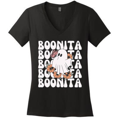 Boonita Halloween Ghost Floral Butterfly Boo Women's V-Neck T-Shirt