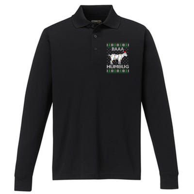 Baaa Humbug Goat Santa Hat Christmas Lights Ugly Sweater Gift Performance Long Sleeve Polo