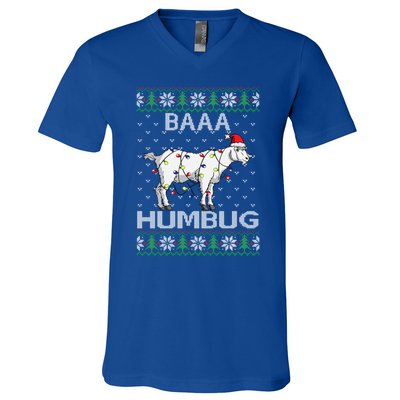 Baaa Humbug Goat Santa Hat Christmas Lights Ugly Sweater Gift V-Neck T-Shirt