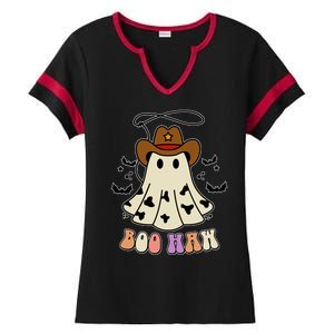 Boo Haw Ghost Western Cowboy Cowgirl Halloween Ladies Halftime Notch Neck Tee