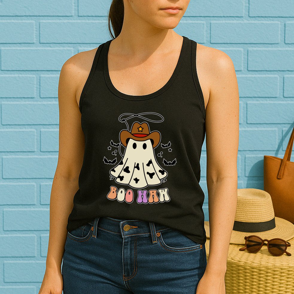 Boo Haw Ghost Western Cowboy Cowgirl Halloween Womens Tank Top